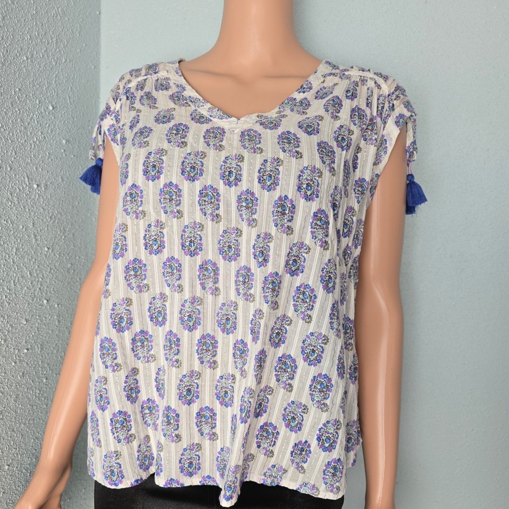 Anthropologie Metallic Stripe Tassel Floral Boho Top Small Lurex Block Print
